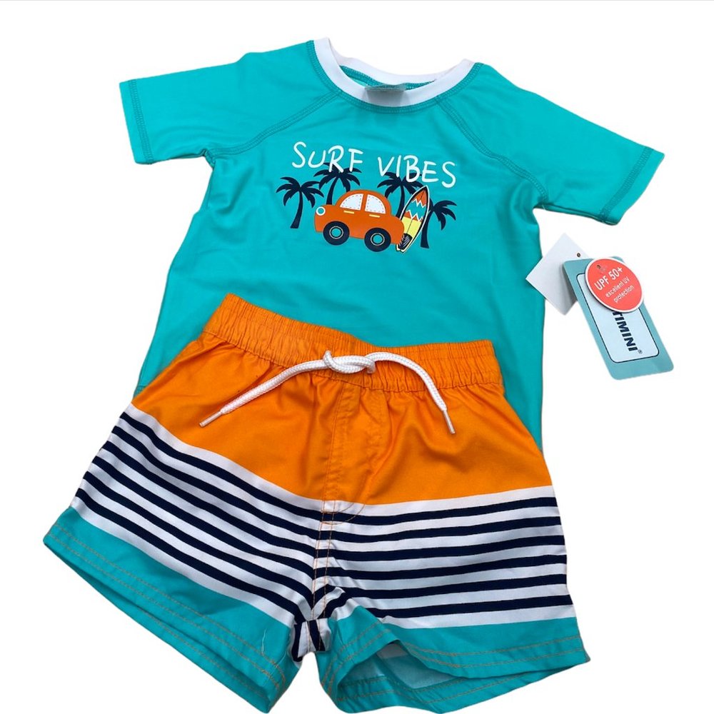 Floatimini size 12M 2pieces swimsuit  boys green and orange NEW
